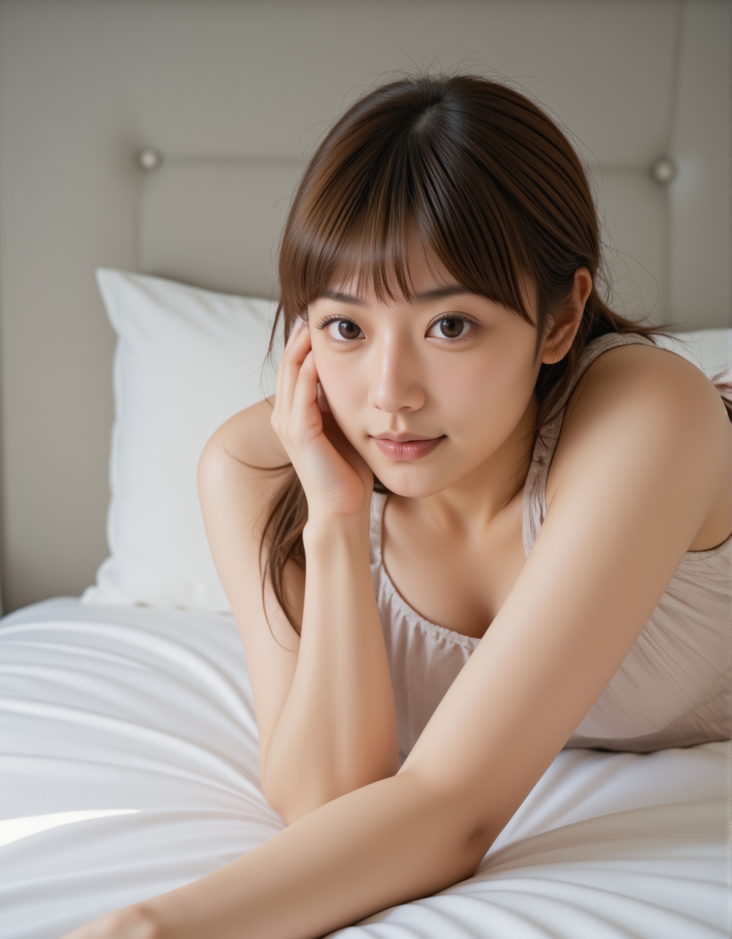 A young woman with fair skin and long,  straight brown hair is lying on a bed with white sheets and a white pillow. She ha...