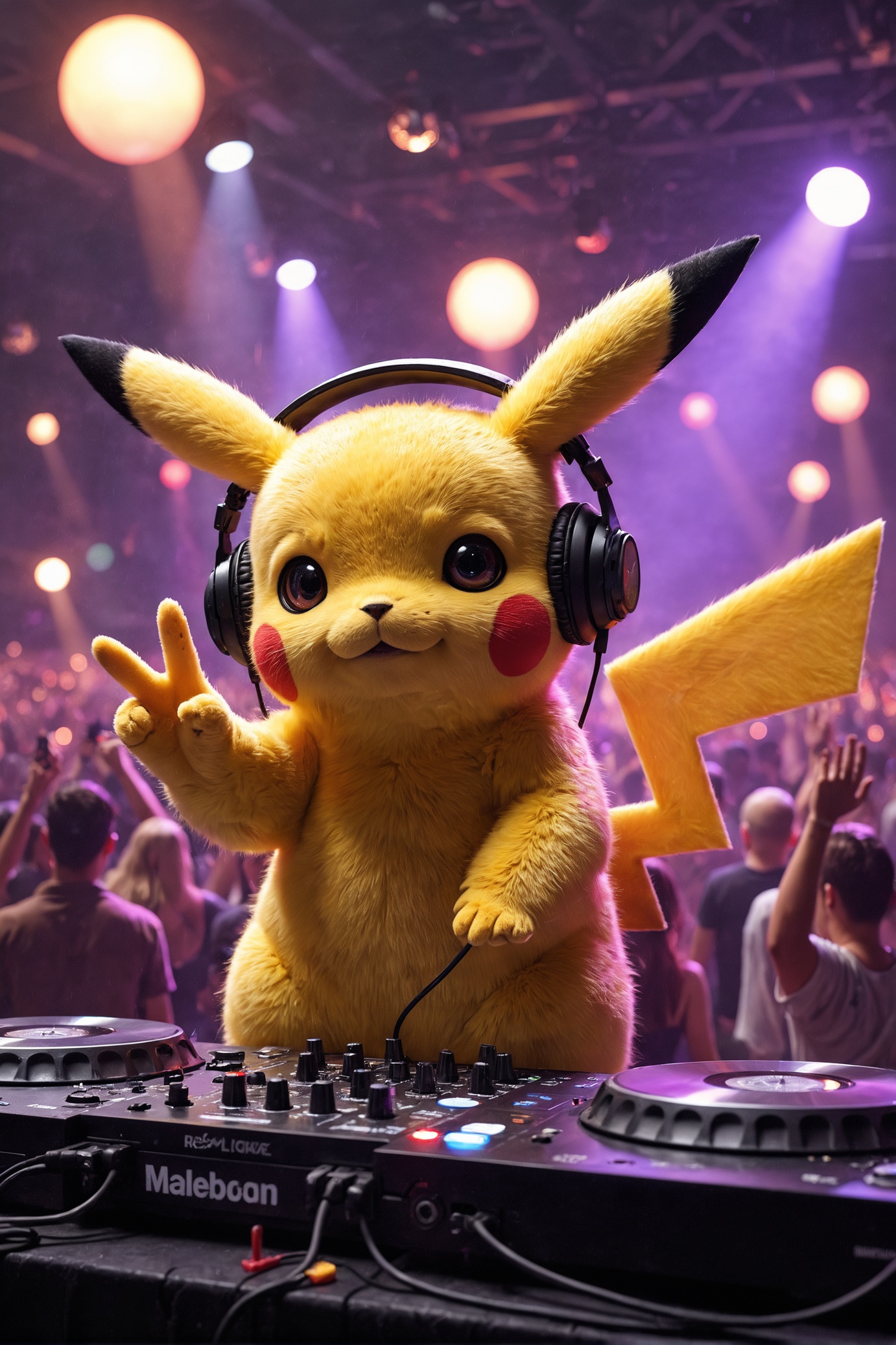 A Pikachu who works as a DJ in a crazy nightclub,  wearing headphones,  raising his right hand on Tensor.Art