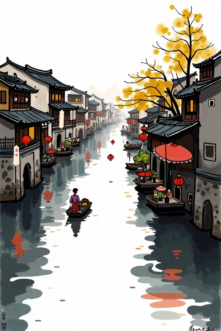 New ink,Wuzhen Water Town, residential buildings on both sides, a small boat in the water, a tiny Jiangnan woman, left blank, white background,<lora:models/1382/ed8ffe6b-05.safetensors:0.6:0.6>