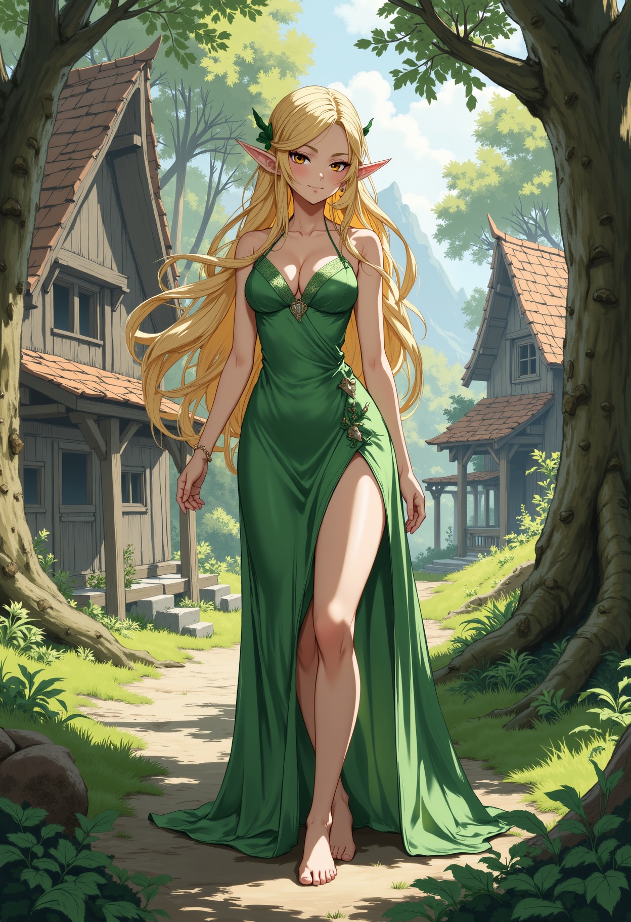 anime,  a graceful elf girl with long,  flowing blonde hair stands amidst a serene village surrounded by a lush on Tensor.Art