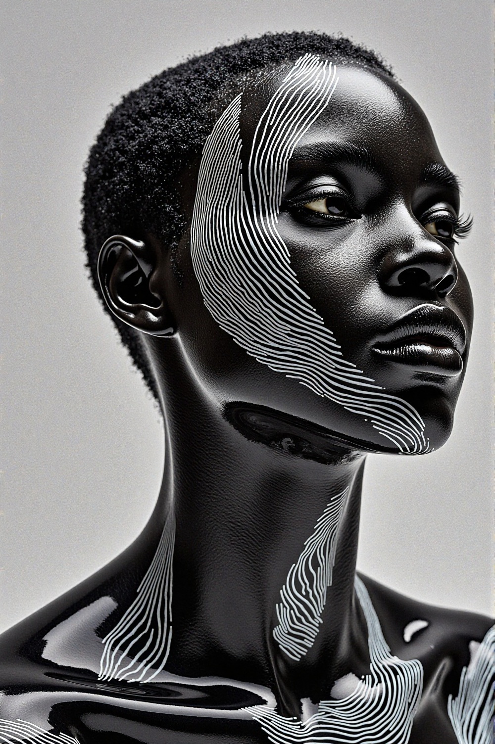 An abstract sculpture of a face,  made of glossy black glass with white patterns resembling fingerprints or streams of liq...