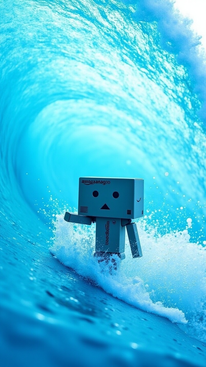 "aidmaDanbo surfing a giant wave,  ocean spray all around,  vibrant blue water crashing." on Tensor.Art
