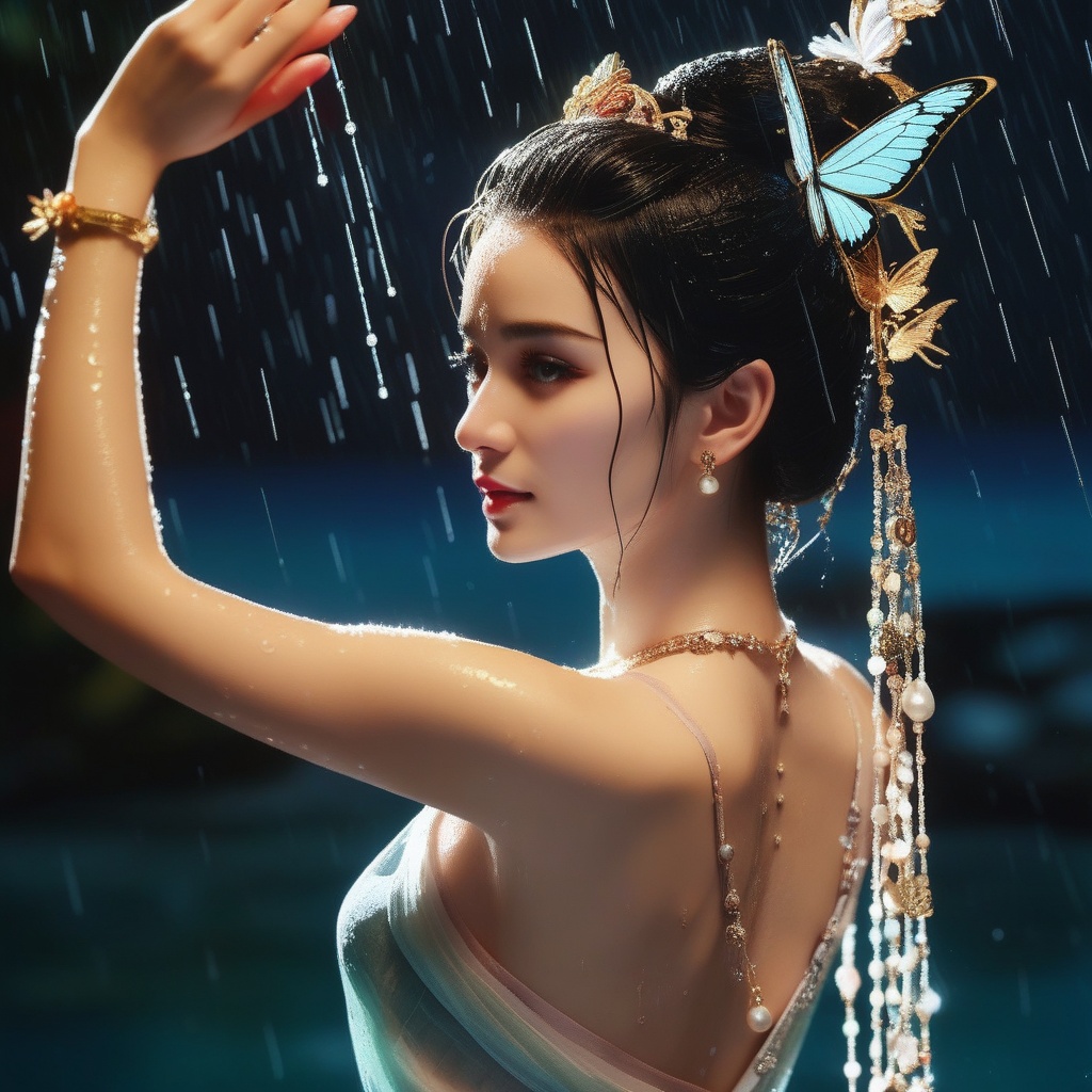 <lora:831-DA-XL-国风E:0.8>, (,1girl, ,best quality, ),, ,ultra detailed 8k cg,   ,masterpiece((((1girl, solo,  , ,solo focus, wet,sweat, ocean,rain, water drop, )))) (, , sweatdrop, flying sweatdrops, sweating profusely,colorful drop \(module\), )   clean, masterpiece,     cinematic lighting, cinematic bloom,   , unreal, science fiction, luxury, jewelry, diamond, gold, pearl, gem, sapphire, ruby, emerald, intricate detail, delicate pattern, charming, alluring, seductive, erotic, enchanting, hair ornament, necklace, earrings, bracelet, armlet,halo,butterfly,
