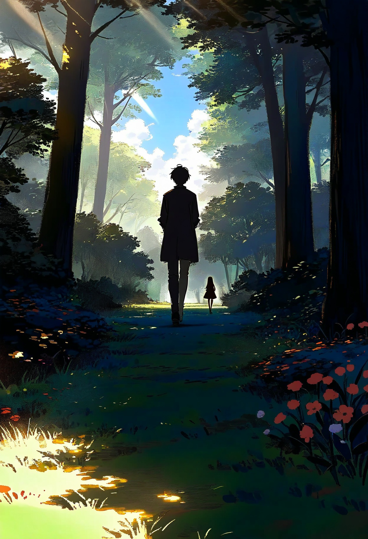 1girl, 1boy, \n\ndetailed background, shade, shadow, darkness, sketch, scratch art, forest, fading, scenery, very vibrant colors, amazing quality, tree, dress, fantasy, flower, cloud, sky, letterboxed, grass, light rays, day, cloudy sky, nature, backlighting, from behind, blue sky, short hair, outdoors, sunlight, facing away, leaf, sunbeam, walking away, black hair, silhouette,\nbest quality, very aesthetic, masterpiece, absurdres, general, artist:yd_{orange_maru} , mikumikudance, ingame render , pixelated, pixiv, rella