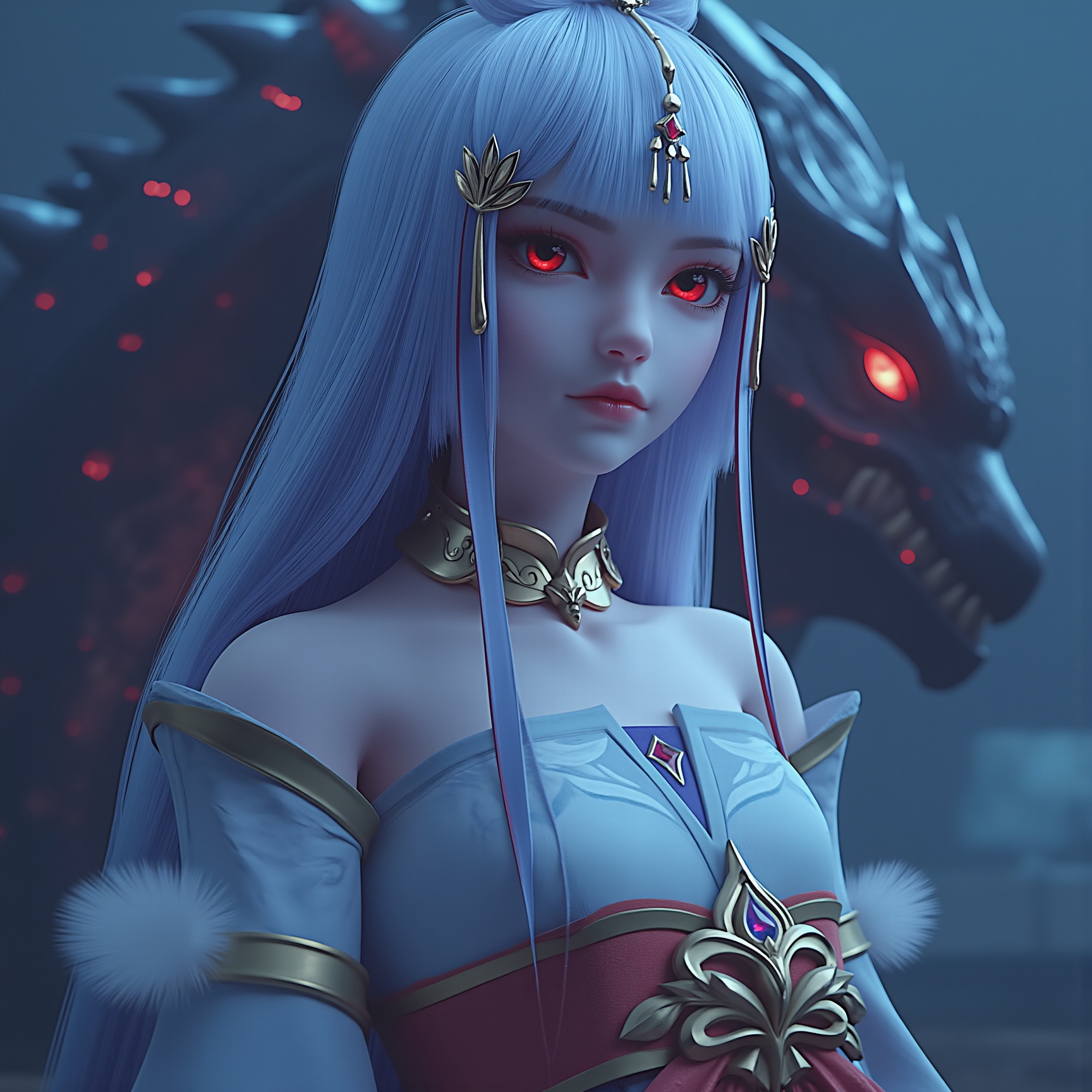 masterpiece, best quality, 1girl, portrait, closeup \nultra-realistic mix fantasy,(1 giant chimera monster:1.3) behind an asian woman holding a glowing sword,void energy diamond sword, in the style of dark azure and light azure, mixes realistic and fantastical elements, vibrant manga, uhd image, glassy translucence, vibrant illustrations, ultra realistic, long hair, straight hair,white hair,head jewelly, jewelly, shawls,light In eyes, red eyes, portrait, firefly, bokeh, mysterious, fantasy, cloud, abstract, colorful background, night sky, flame, very detailed, high resolution, sharp, sharp image, 4k, 8k, masterpiece, best quality, magic effect, (high contrast:1.4), dream art, diamond, skin detail, face detail, eyes detail, mysterious colorful background, dark blue themes, <lora:太阴玉兔0.5:0.8>