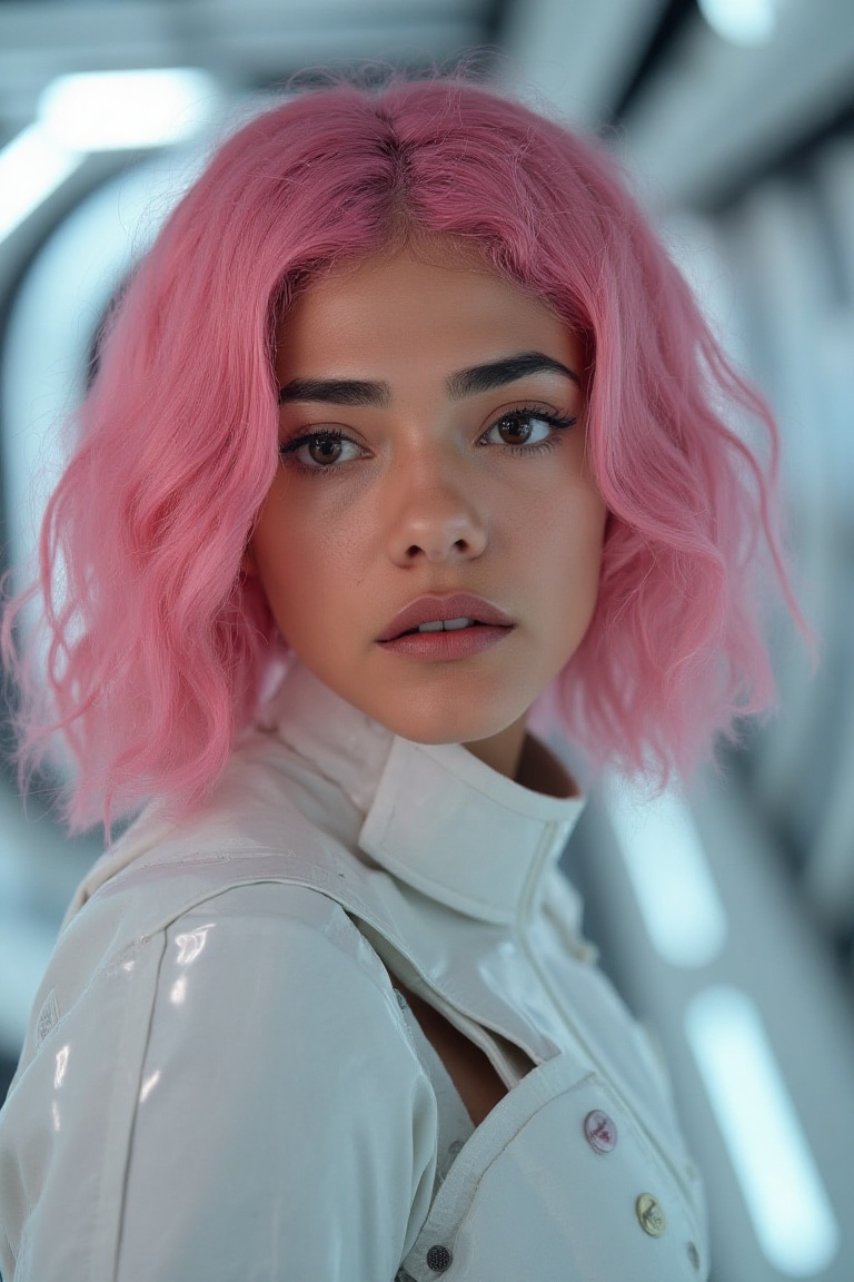 (photo of a gorgeous cyborg),  ((medium pink hair)),  (soft even lighting) on Tensor.Art