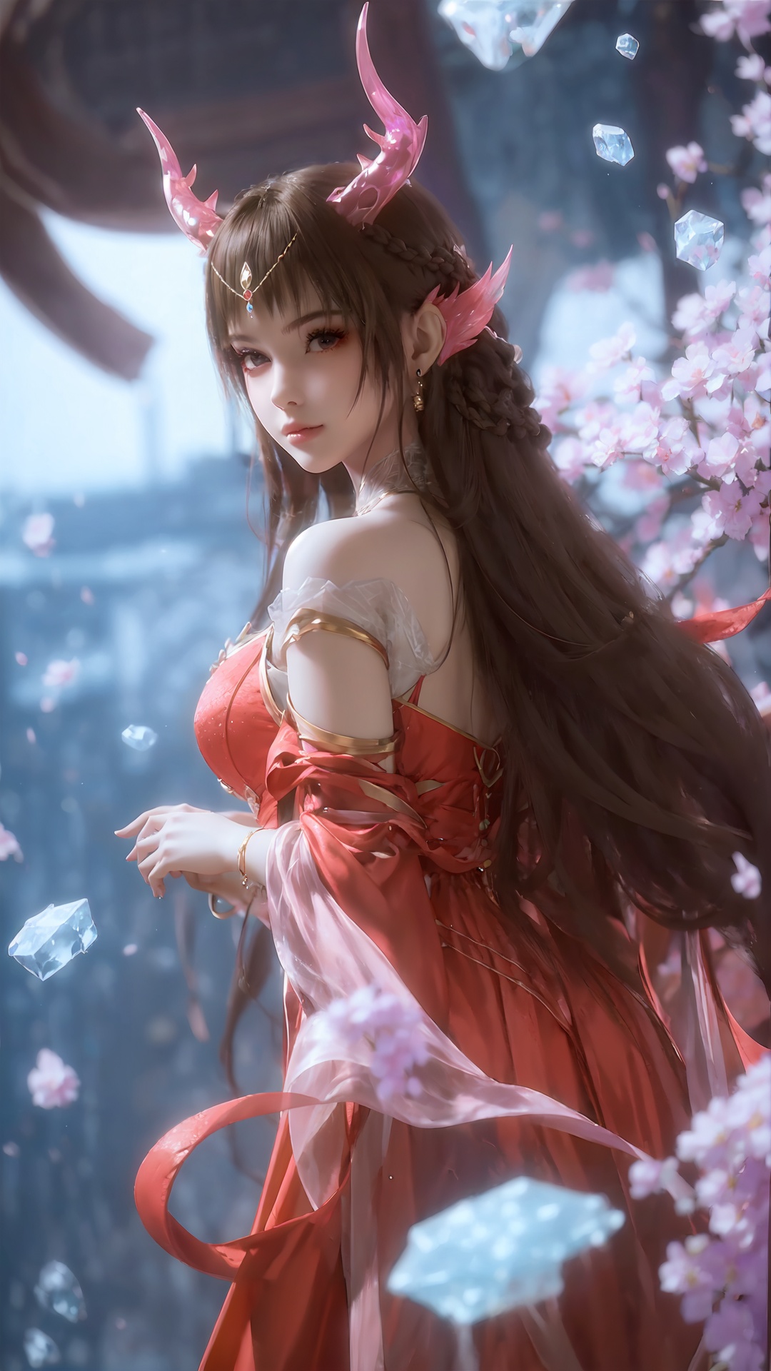 a girl,a girl,looking at viewer,(purple element:1.2),adequate lighting,(hyper_galaxy:1.2),(broken ice floating around the girl:1.3),rystalstexture skin,best quality,masterpiece,ultra detailed,8k,RAW photo,realistic,photorealistic,ultra-detailed,delicate pattern,masterpiece,a girl,(full_body:1.2),thighs,(looking back from the side:1.1),(dynamic perspective:1.1),(flying long hair:1.2),dress,hair ornament,earrings,lips,bare shoulders,jewelry,long hair,see-through,(full and smooth skin like jade fat:1.2),bare legs,solo,(masterpiece, best quality:1.2),(perfect face:1.1),(a detailed face:1.1),<lora:jmai jimeng jmmgf_20240623203654-0000010-08:0.6>,<lora:滤镜V1.0:1>,<lora:画面亮度:0.3>,<lora:服装增减_LoRA_3.0:-0.6>,(red dress:1.2),<lora:唯美5:0.8>,(pink_horns:1.2),