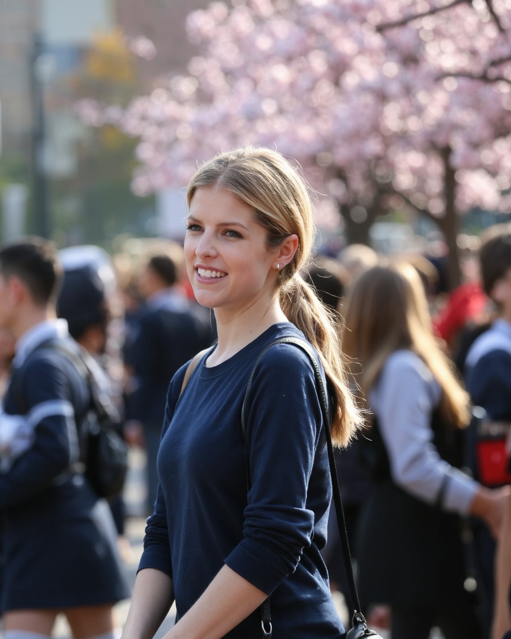 Anna_kendrick with light skin and blonde hair styled in a high ponytail,  standing outdoors in a bustling crowd. She is sm...