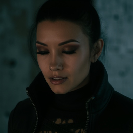 adding to her edgy look. Her facial features are sharp and defined,  athletic build and medium-sized,  with a medium skin...
