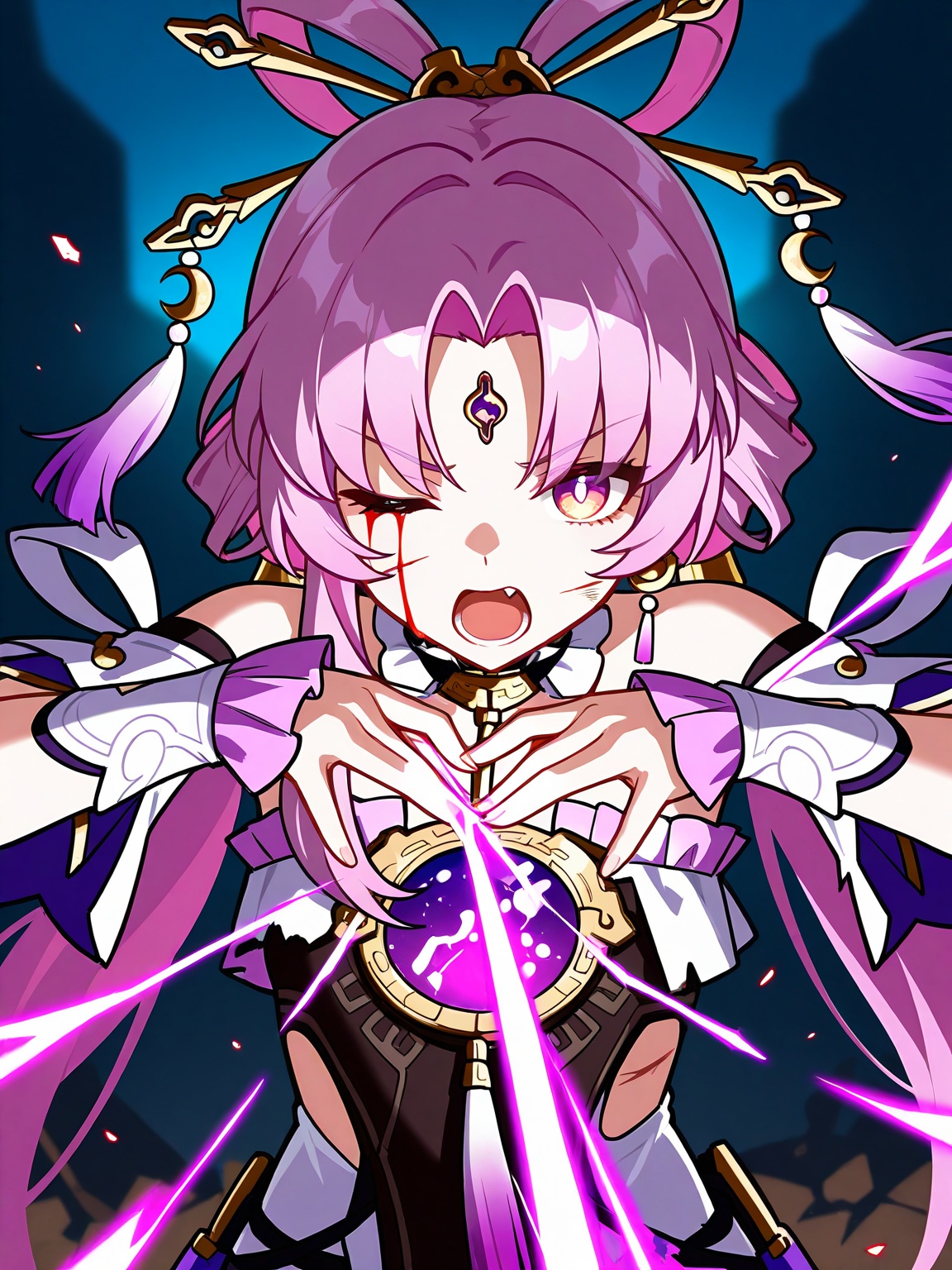 nyalia,fu_xuan_(honkai:_star_rail) looking at viewer, open mouth, screaming, fang, serious, upper body, hands casting magic,blood, blood on clothes, blood on face, one eye closed, battlefield, bloody, rubble, Battle Damage, cuts, bruises, damaged, torn clothes, broken armor, dark theme, ripped clothes, hurt, injured, scars, blood tears, glowing,masterpiece,best quality,newest,absurdres,highres, blurry background, [depth of field, shadow],