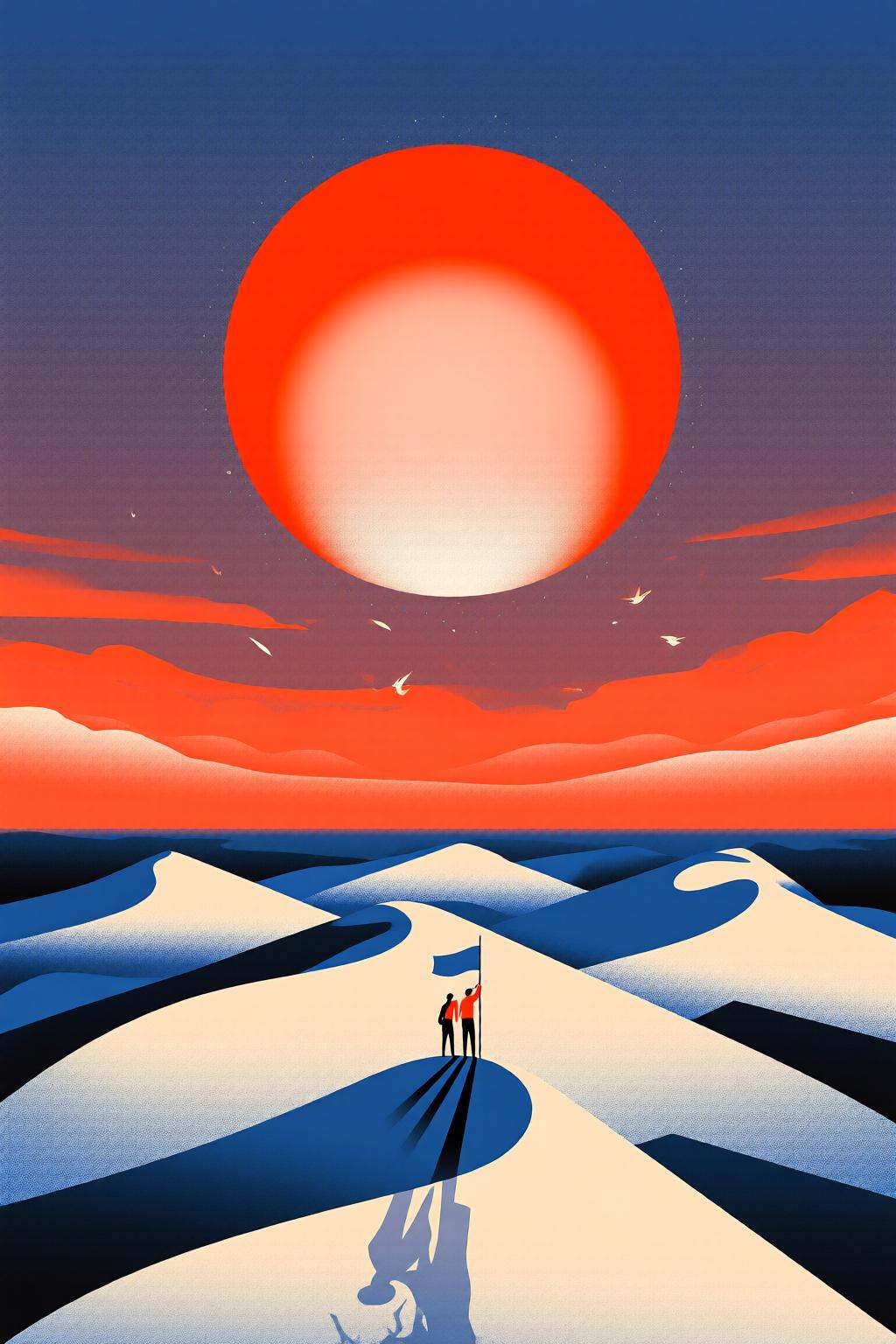 flatcolorvectorart2q illustration.A large red sun is positioned above the horizon. Several white birds are flying. Below,...