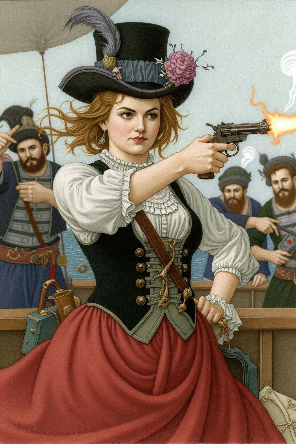 olgadugina1 illustration. A young woman's determined face,  hair whipping slightly as she fires her pistol,  smoke billowi...