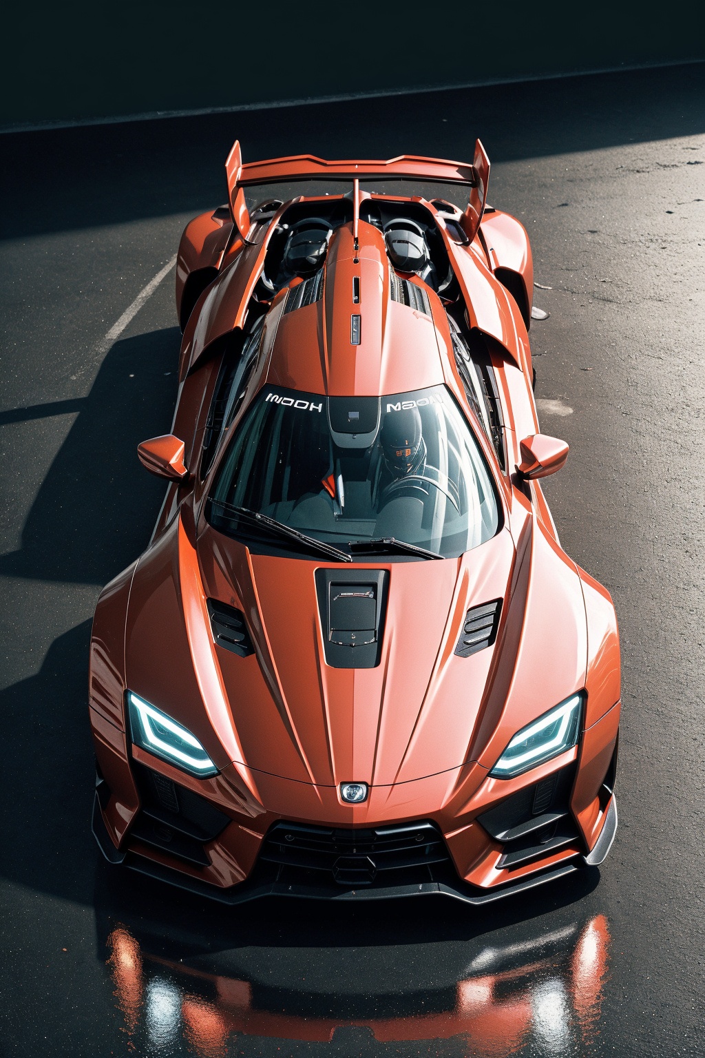 no humans, reflection, science fiction, glowing, shadow, vehicle focus, robot, solo, car, motor vehicle, grey background, reflective floor, racecar, mecha, spoiler \(automobile\)