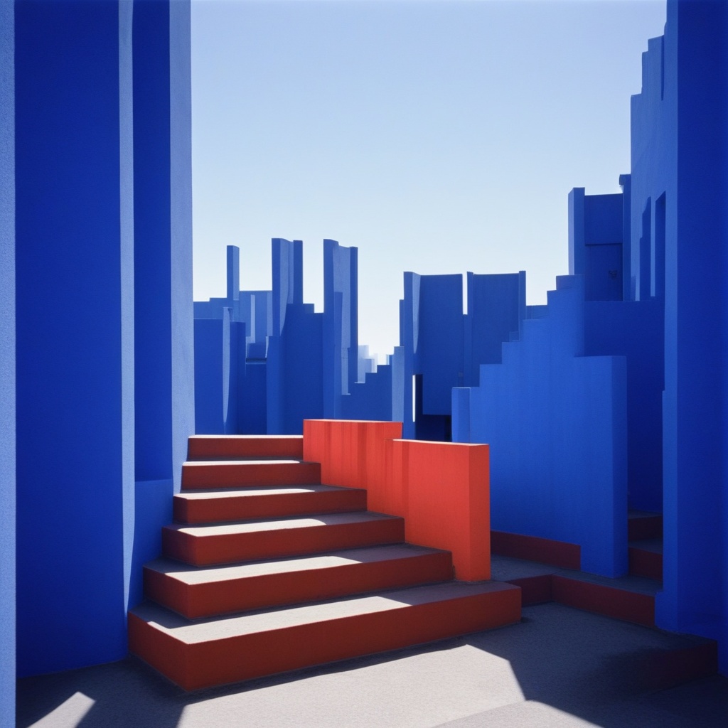 La Muralla Roja by Ricardo Bofill,  photograph,  orange and blue walls on Tensor.Art