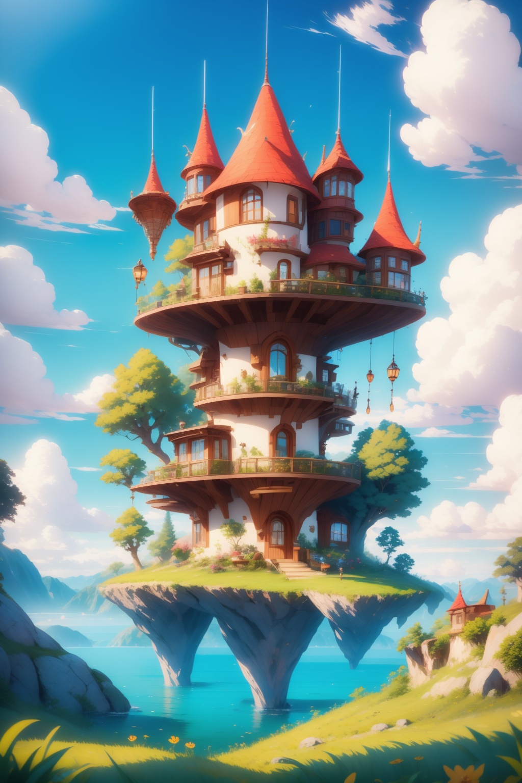 <lora:AgainWonderlandForest:1>,AgainWonderlandForest, scenery, outdoors, sky, cloud, day, no humans, tree, blue sky, plant, window, bridge, chimney, flower, lantern, boat, fantasy, railing, door, rock, grass, floating island, architecture,