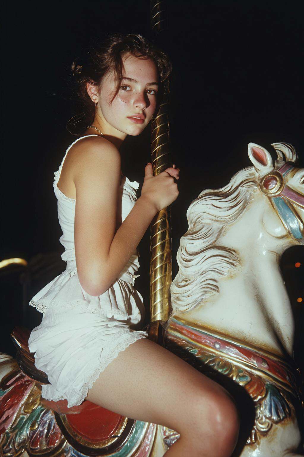 midjourneyanalog9 photograph.Flash photograph of a teenager,  shown in side profile,  sitting on a carousel horse. She is...