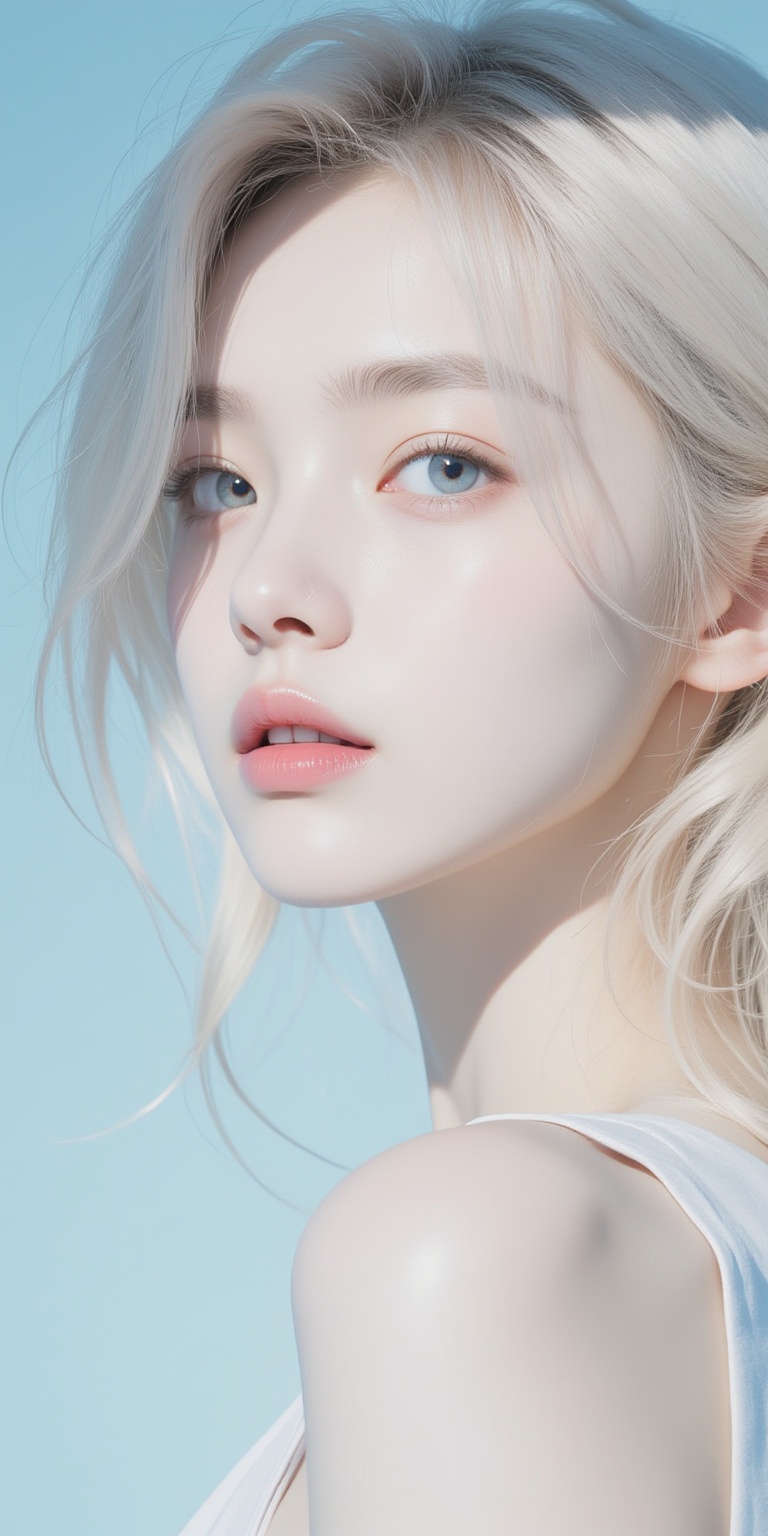 a medium-angle shot of a woman's face is depicted in a close-up shot. The woman's eyes are a piercing blue and her long wavy blonde hair cascades over her shoulders. Her lips are a vibrant shade of pink adding a pop of color to the scene. The backdrop is a light blue creating a stark contrast to the woman's white skin. The shadow of the woman is cast on the left side of the image adding depth to the composition.