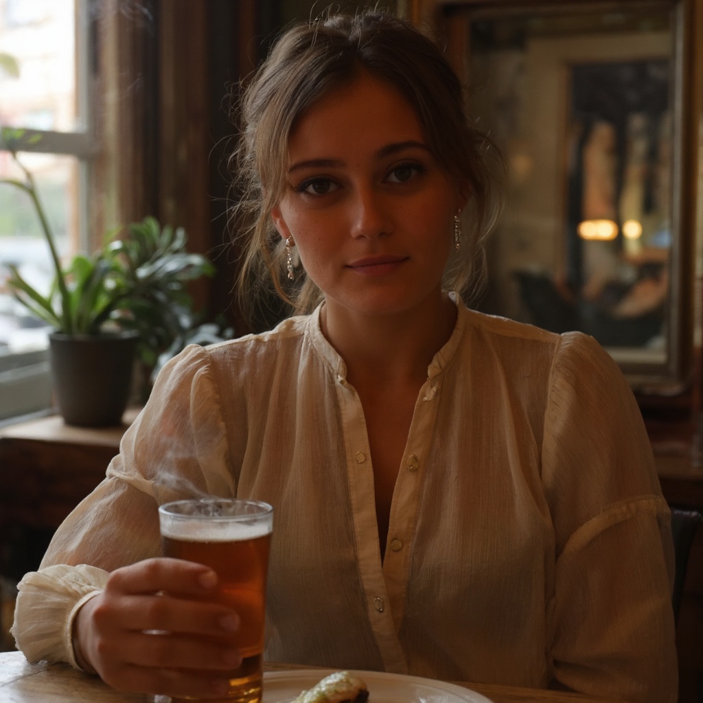 A portrait of ella_purnell seated at a wooden table in a dimly lit room. She holds a glass of amber-colored beer with stea...