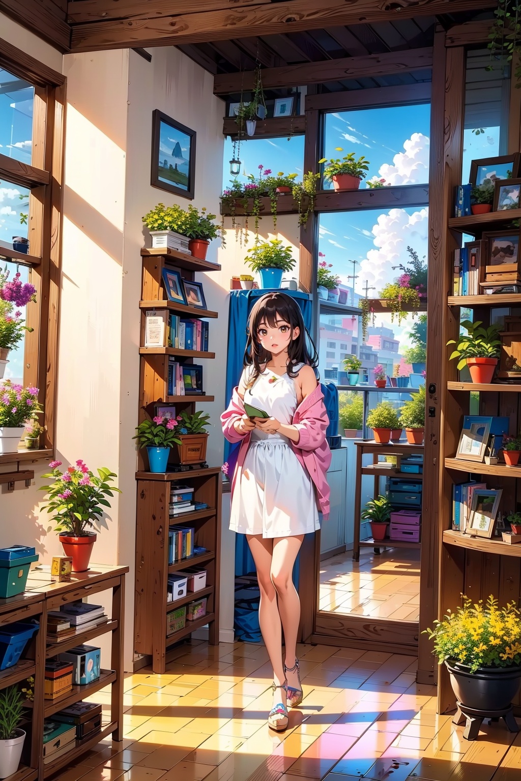 girl, full body, scenery, plant, shelf, potted plant, flower pot, sky, window, cloud, book, box