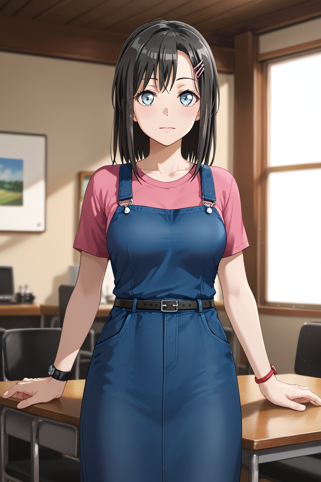 Okusawa Misaki,long hair,bangs, blue eyes,black hair, hair ornament,hairclip,medium hair<lora:美咲:0.8>