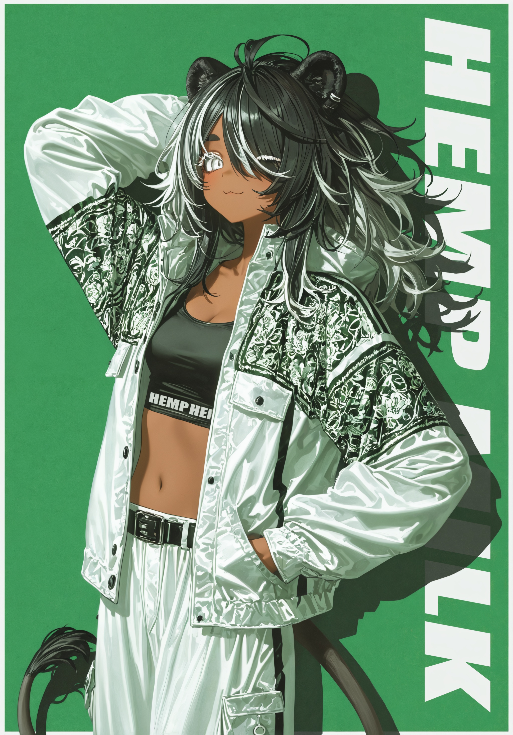 masterpiece, best quality, good quality, (waterkuma:1.22), racing suit, white_theme, sporty, 1girl, white eyes, dark-skinned female, dark skin, animal ears, white hair, white military uniform, belt, hand on hip, boots, (waterkuma:1.3), reflective floor, italian mafia, masterpiece, best quality, good quality, lion tail, 1girl, one eye closed, hair over one eye, white background, self-upload, long_hair white hair, circle, :3, shy, tan, eyelashes, detailed hair, clean, masterpiece, best quality, good quality, 1girl, anime, solo, concept art, very aesthetic, luxury [thug] girl, baggy pants, midriff, (tan skin, dark skin), colored skin, wide stance, looking at viewer, pretty, cute, dot_nose, metallic, gangster style, (anime face), anime wallpaper, anime outlines, black outlines, thick eyebrows, long hair, fluffy hair, black hair, streaked hair, hand in pocket, dark skin, tan, lace jacket, open jacket, light and shadow, gold trim, luxury, kawaii style, (lion mane:1.2), cream background, artistic poster composition, (floral detail and pattern:1.2), ornate_border, looking at viewer, [by quasarcake], rhasta, [reoen], (hiro \(dismaless\)), [[baffu]], year 2023, dark theme, [cgi], (photo \(medium\):0.8), amazing quality, RTX, cinematic light, best quality, amazing quality, very aesthetic, absurdres, masterpiece, best quality, good quality, 1girl, bangs, flag_background, from_side, (profile:0.8), green_background, white_border, green theme, short_hair, simple_background, solo, flowing hair, glowing green eye trail, (fierce), white_flower, style of Bourgeois, angular, an album cover, pure