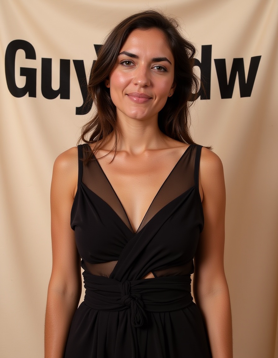 A poised woman stands confidently against a backdrop featuring bold black 'GuyVdw' lettering. She wears an elegant black d...