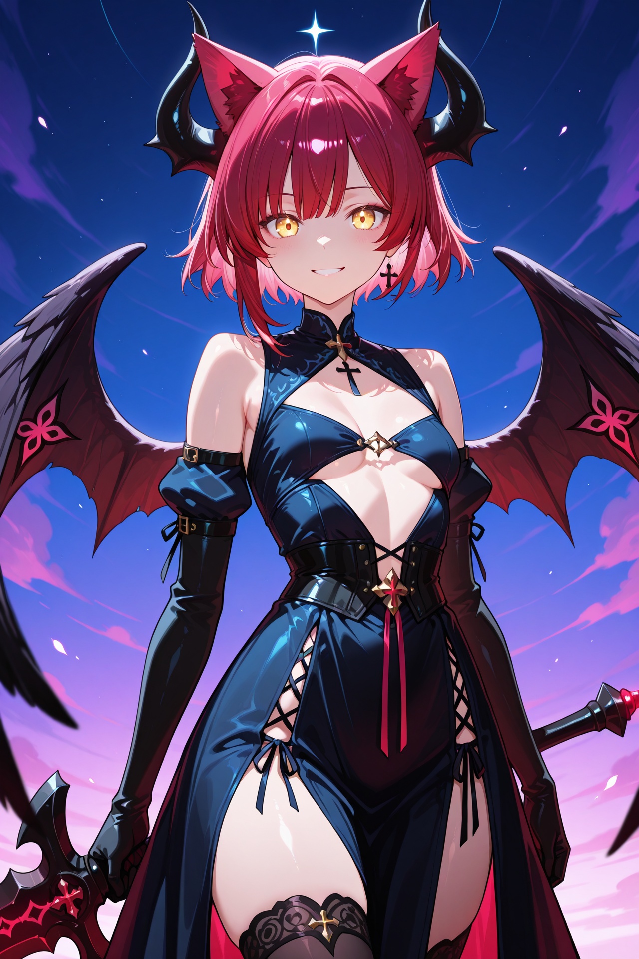 1girl,  small black devil horns,  large black angel wings on Tensor.Art