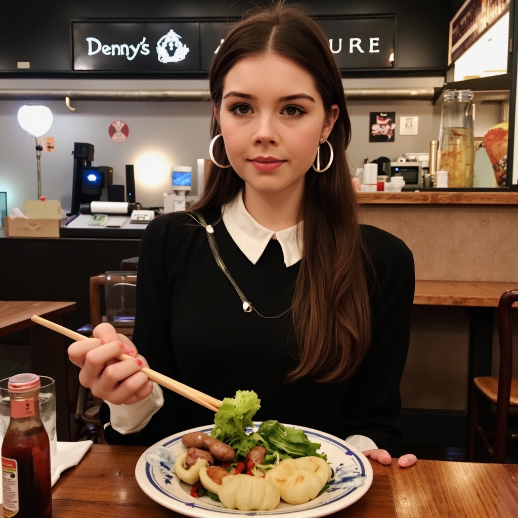 A candid shot of elise_trouw seated at a table in a restaurant. She wears a black dress with a white collar and large hoop earrings. Her long, brown hair flows down her back. She holds a pair of chopsticks over a plate of food, which appears to be a salad with sausages and lettuce. A bottle of soy sauce with a label and a glass of water are on the table. The background shows a counter with a cash register and a sign reading 'Denny's'. The overall color palette is warm, dominated by browns, greens, and black.
