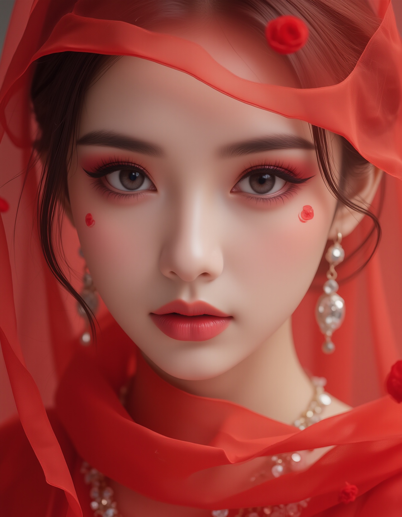 Close-up of beautiful woman's face, transparent red gauze covering her face, beautiful eyes, eye shadow, gorgeous accessories, falling petals, blurry foreground,