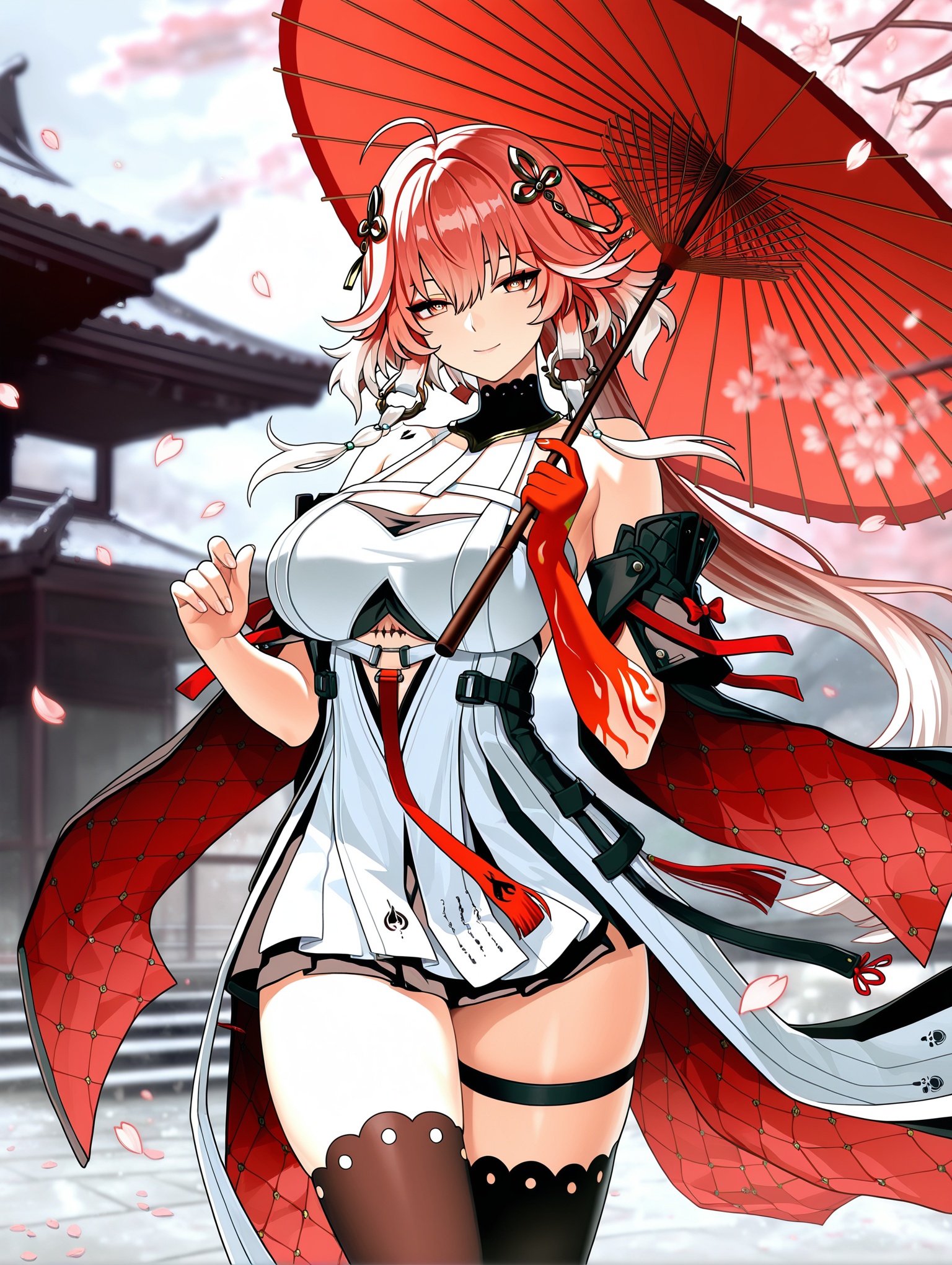 1girl, changli \(wuthering waves\), ahoge, holding, holding umbrella, oil-paper umbrella, umbrella, smile, looking at viewer, petals, sakura, red hands, , standing, thighhighs, thighs, thigh strap, tacet mark \(wuthering waves\), blurry background,,masterpiece,best quality,amazing quality,