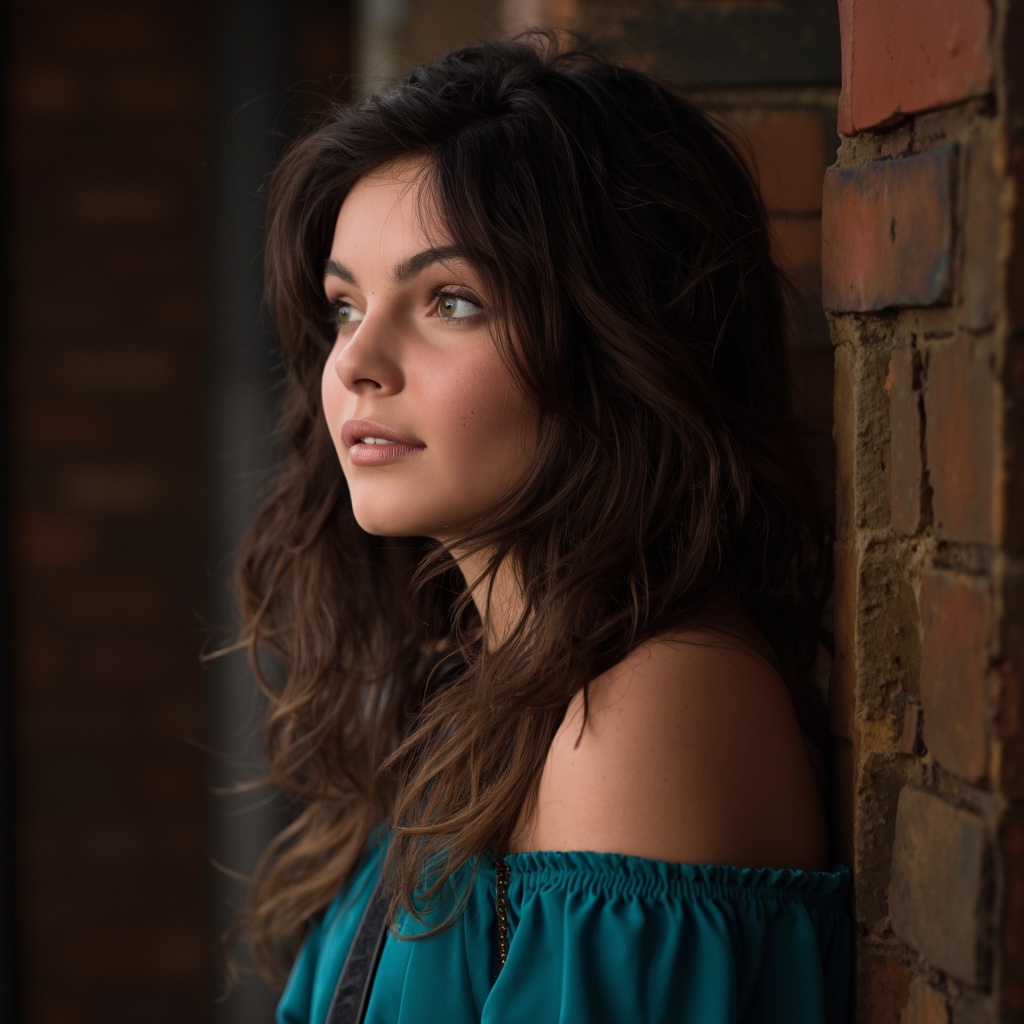 A portrait camren_bicondova with long, dark hair, captured in a side profile. She wears a teal, off-the-shoulder top. The background is blurred, emphasizing the subject. The lighting casts a warm glow on her face, highlighting her features and the texture of her clothing. The image conveys a serene and contemplative mood.