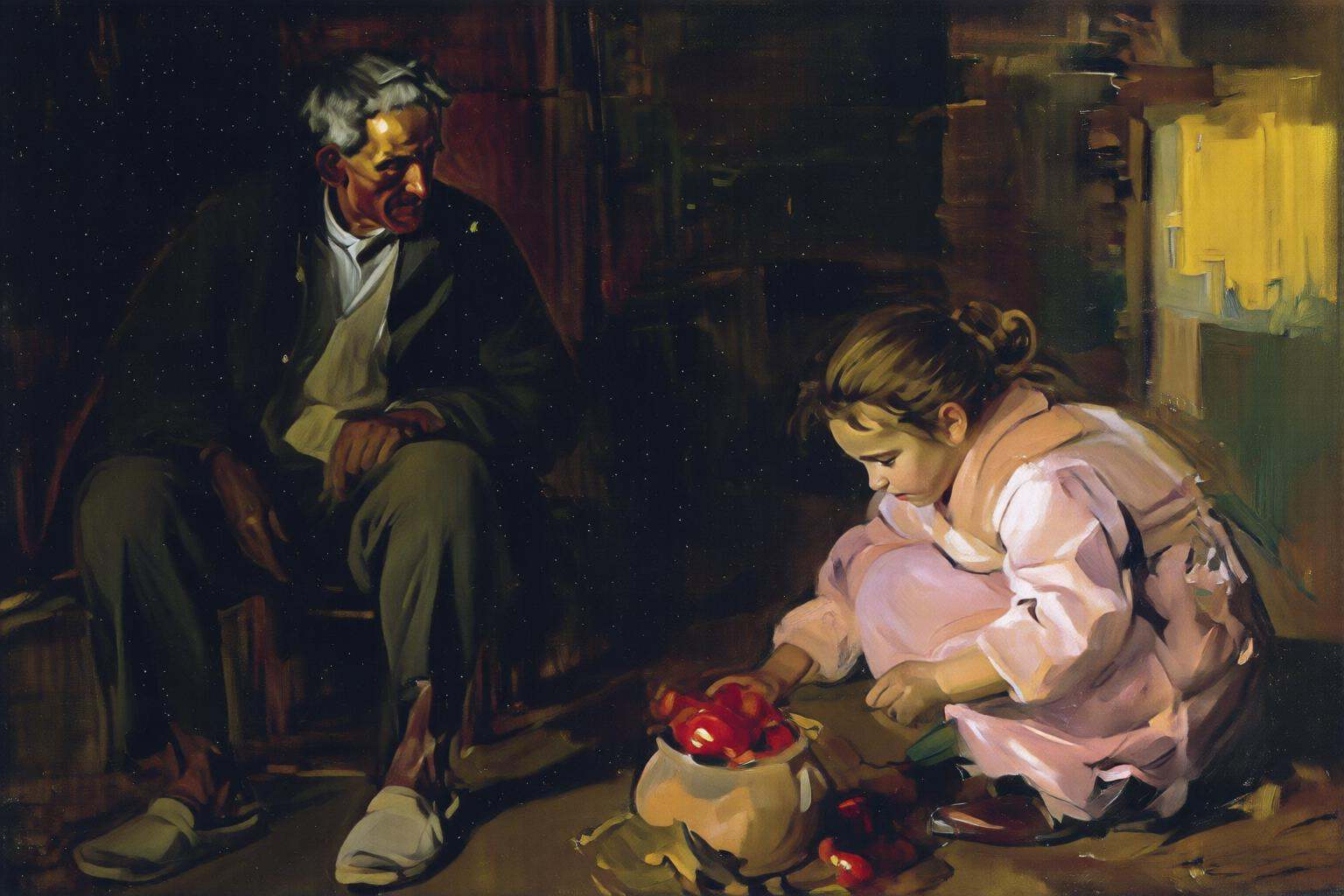 joaquinsorolla3q painting.An intimate indoor scene with an elderly man and a child. On the left,  an elderly man is seated...