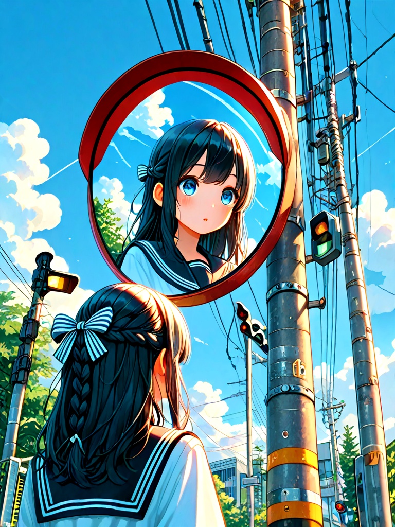 convex mirror,  traffic mirror,  utility pole on Tensor.Art