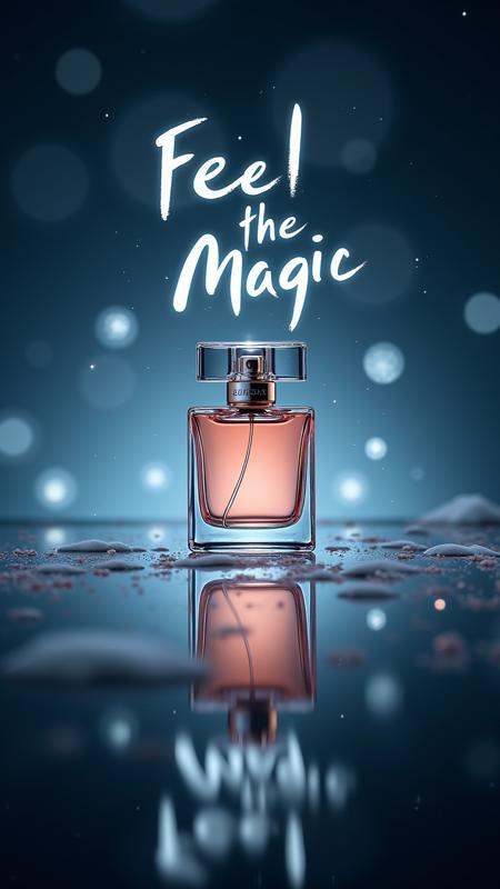 A modern perfume advertisement featuring a sleek glass bottle on a mirrored surface. The reflection on the mirror spells o...