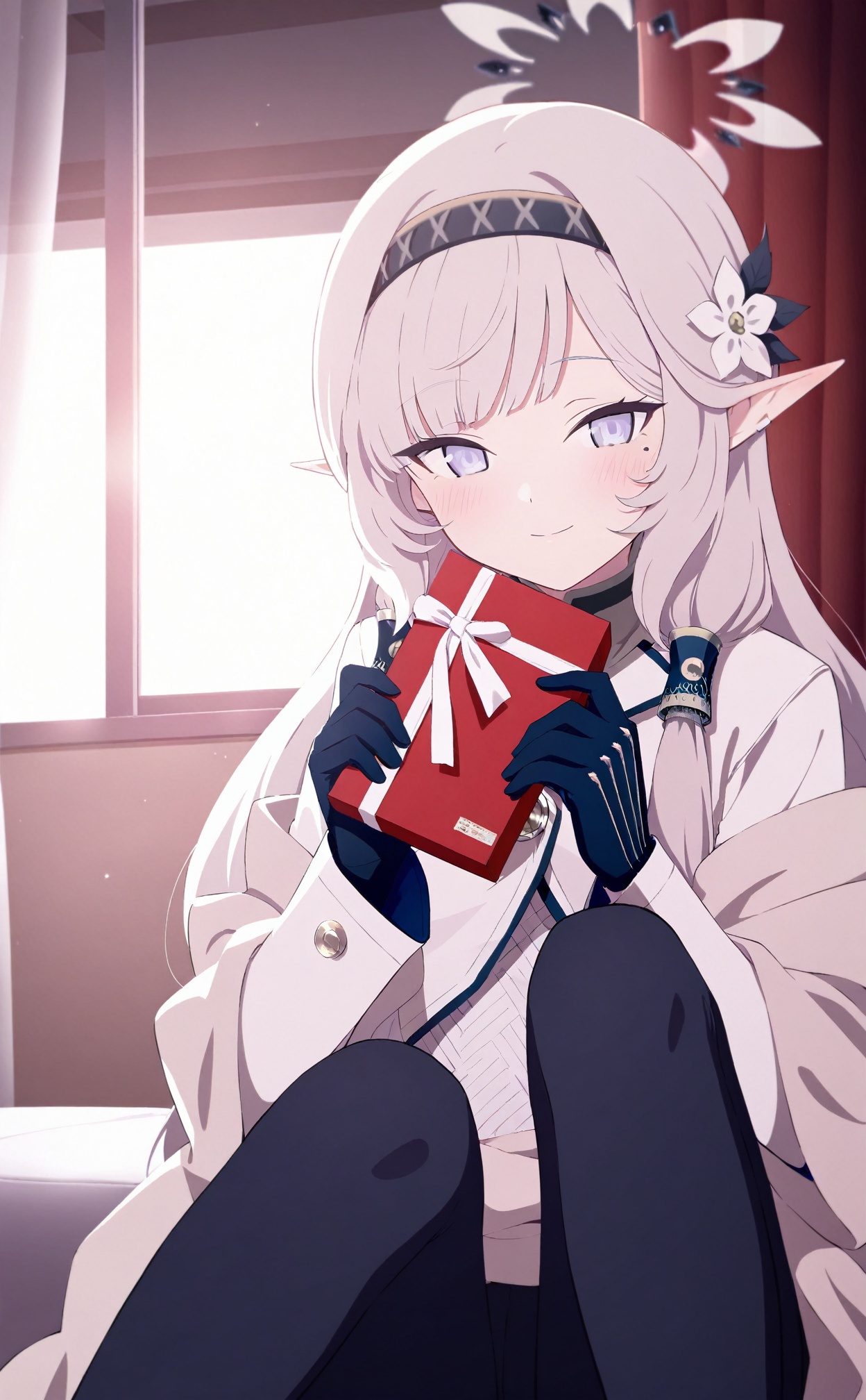 masterpiece,best quality,high quality,loli,1girl,himari \(blue archive\),gift,solo,halo,pointy ears,gloves,black gloves,long hair,gift box,hair ornament,holding,purple eyes,flower,box,hairband,hair flower,looking at viewer,long sleeves,holding gift,striped hairband,hair tubes,sitting,smile,black pants,closed mouth,black hairband,mole under eye,pants,white jacket,white hair,blush,mole,jacket,white halo,valentine,indoors,window,curtains,white flower,black leggings,feet out of frame,leggings,grey hair,knees up,purple halo,