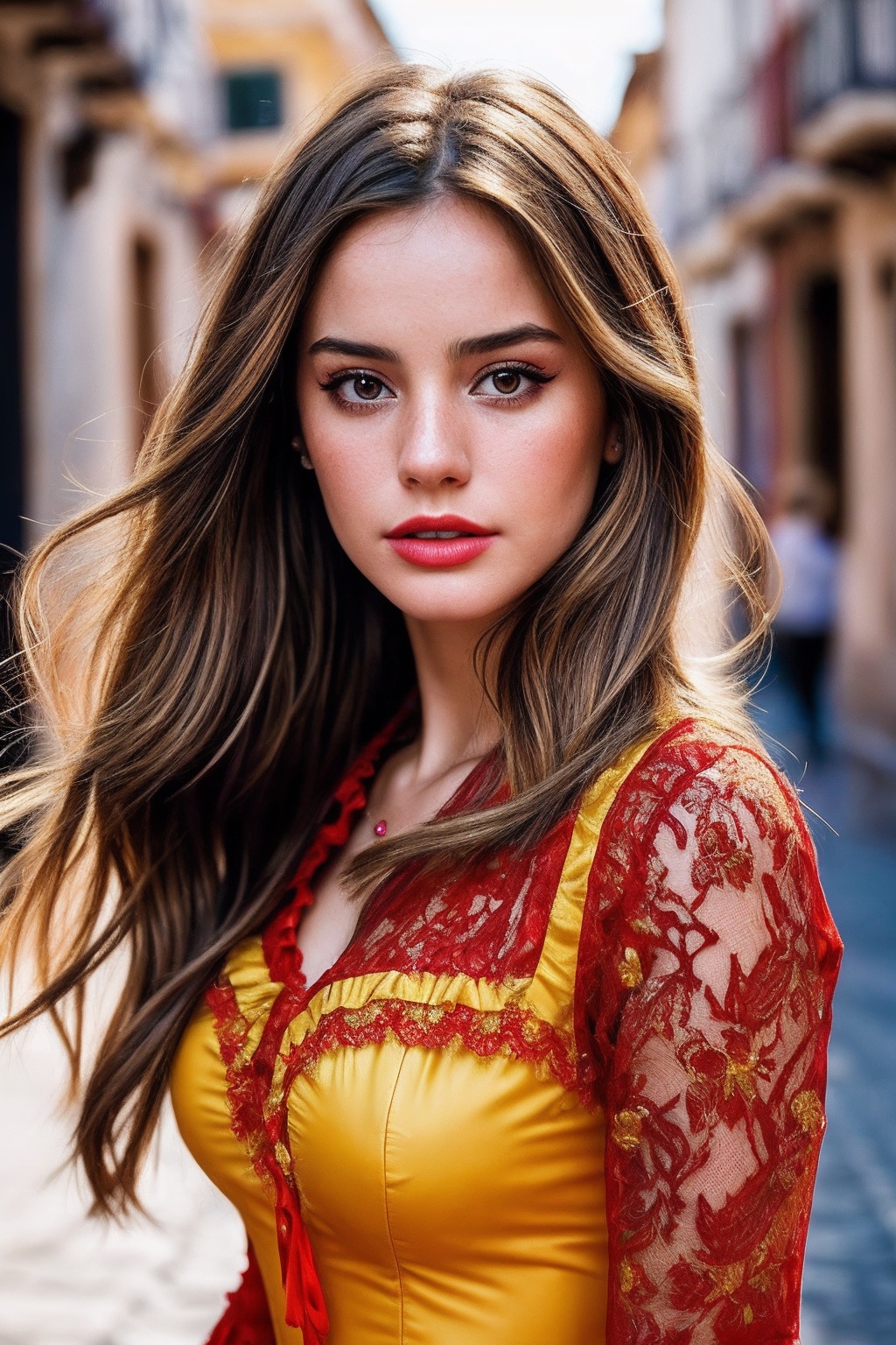 MakenzieR_SoloTI,  (In a traditional Flamenco dress of deep red and black,  adorned with ruffled layers and intricate lace...