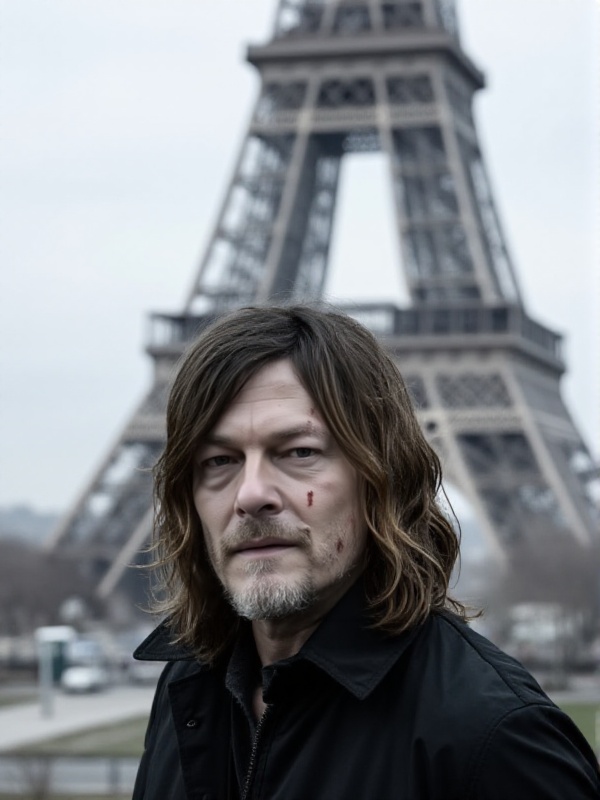 dary dixon,  a man with long hair and a facial hairs. He stands in front of the eiffel tower,  postapocalyptic scenery on...