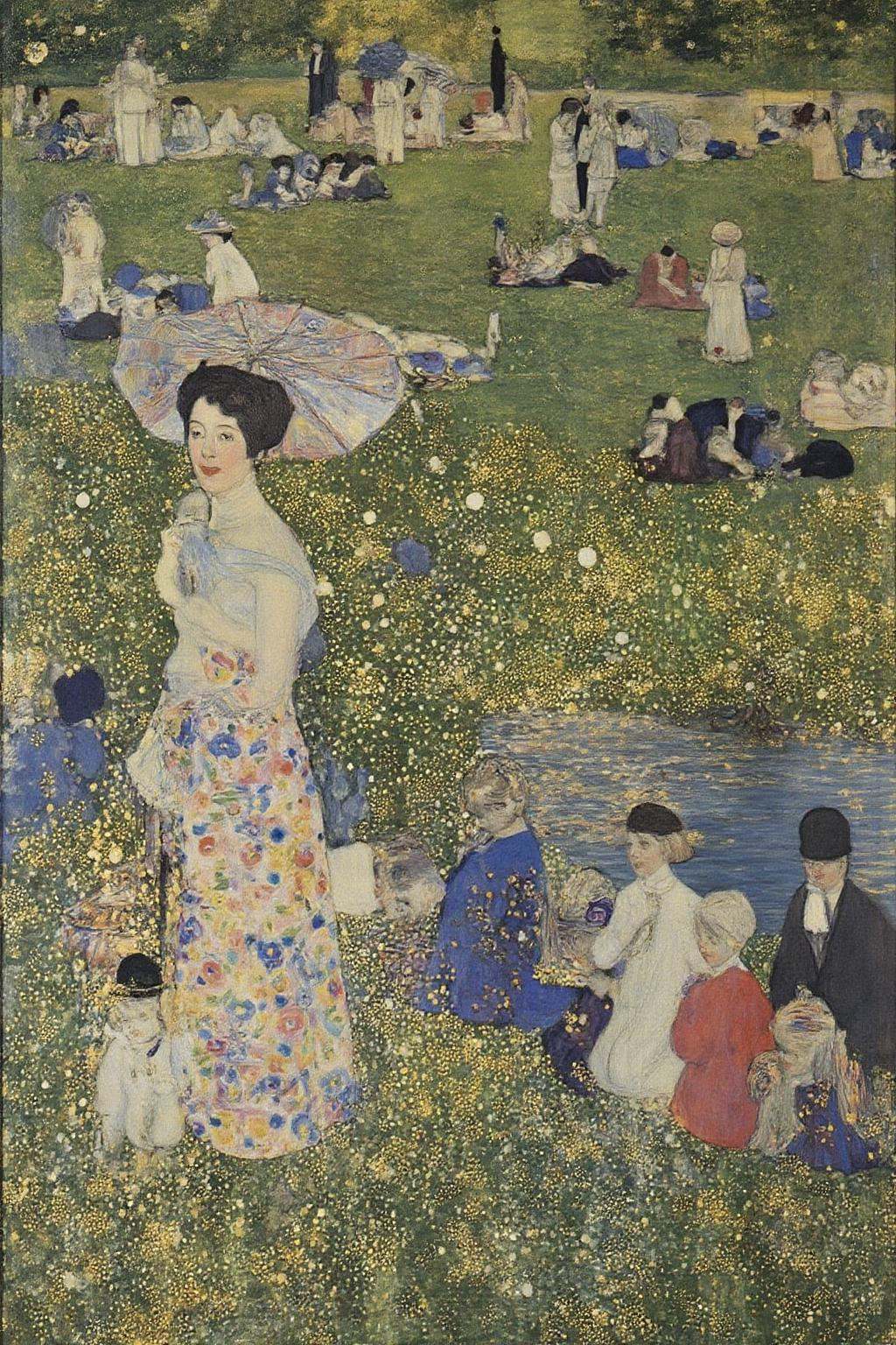 kl1mt painting.painting a serene park scene on a sunny afternoon. The composition features a group of elegantly dressed me...
