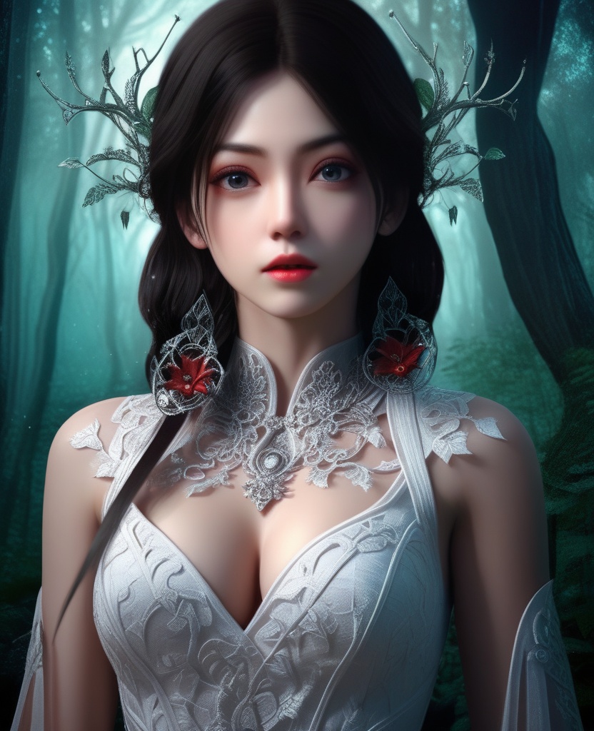 <lora:843-DA-XL-元龙-宋嫣:0.8>, (,1girl, ,best quality, ),,  ,ultra realistic 8k cg,(masterpiece:1.2),(best quality:1.2),(ultra detailed:1.2),(official art:1.3),(beauty and aesthetics:0.8),detailed,(intricate:0.8),(highly detailed),(solo),delicate countenance,1girl,fancy,(glassy texture:1.2),(crush:1.2),8k,accessory,tattoo,(transparent:1.1),gown,energy encirclement,instant,in the twinkling of an eye,upper body,woman in a mythical forest, masterpiece, perfect face, intricate details, horror theme, raw photo, photo unp(cleavage),, ,
