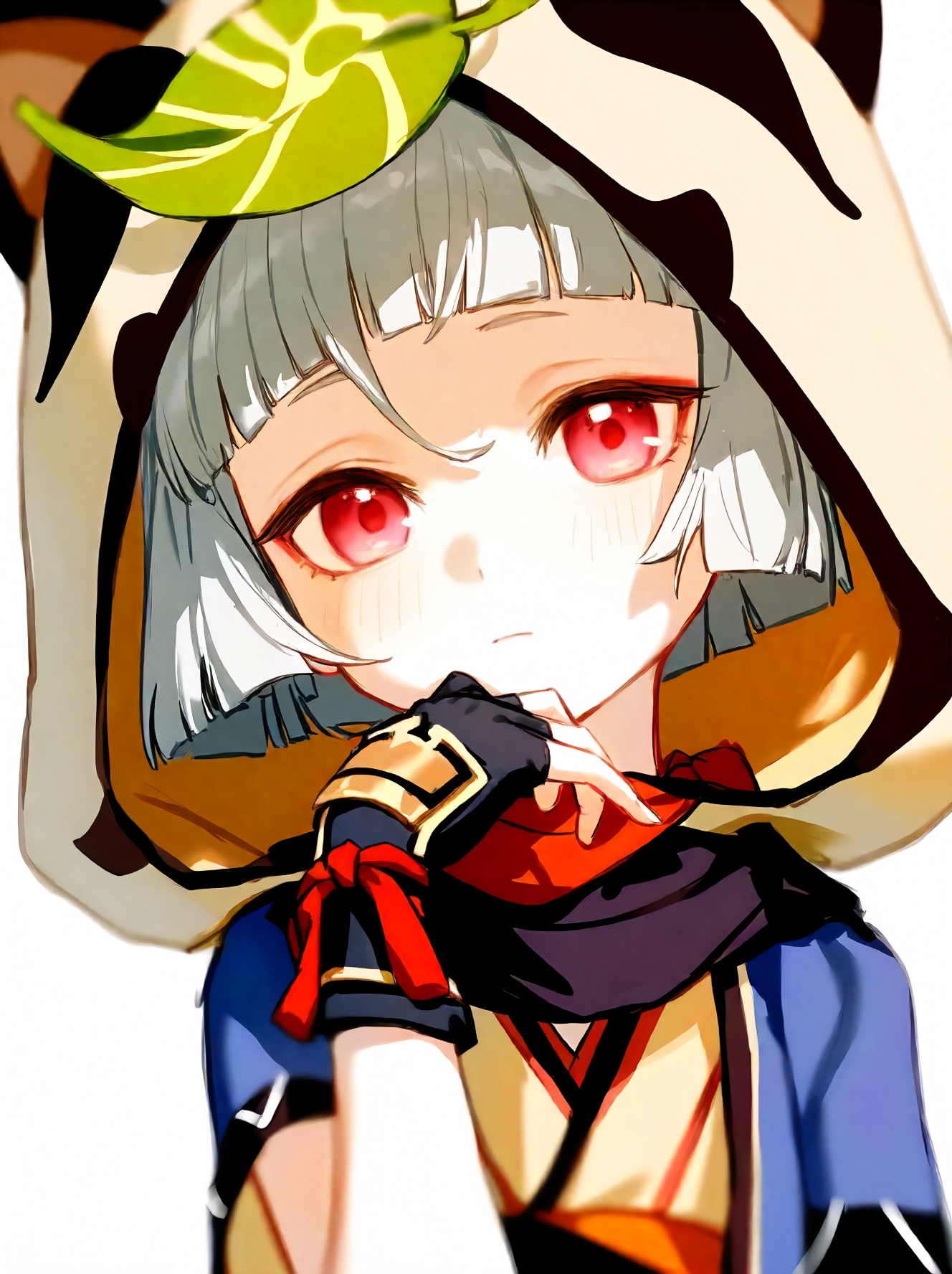 1girl, sayu \(genshin impact\), genshin impact, (kuzuvine:1.1025), (ciloranko:0.8638), dino \(dinoartforame\), solo, year 2023, depth of field, portrait, close-up, grey hair, hand up, gloves, sidelocks, looking at viewer, chinese zodiac, half gloves, blurry, white background, red eyes, weapon, eyebrows hidden by hair, blurry foreground, hood, blurry background, short hair, closed mouth, fingerless gloves, leaf, japanese clothes, raccoon ears, kimono, fake animal ears, simple background, hood up, animal ears, black gloves, blunt bangs, expressionless, animal hood, short sleeves, leaf on head, masterpiece, best quality, sensitive, safe