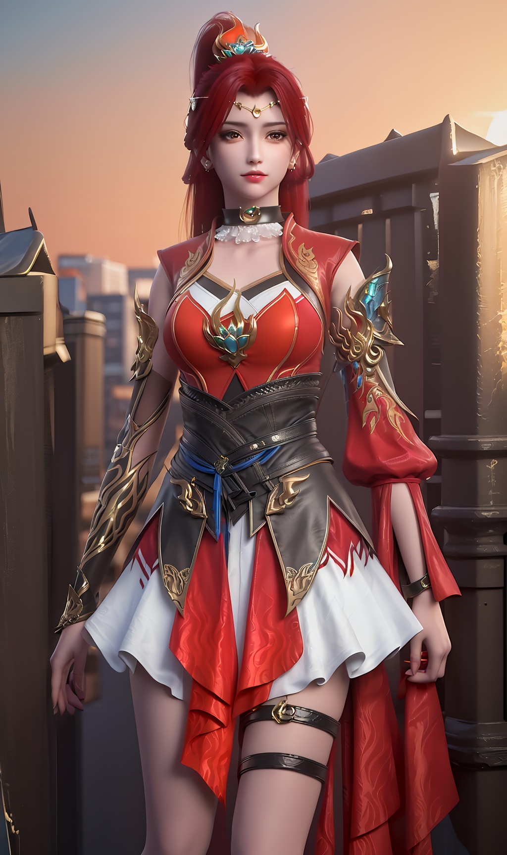 3D,masterpiece,(best quality),(makeup),official art, extremely detailed cg 8k wallpaper,((crystalstexture skin)), (extremely delicate and beautiful),(highly detailed),(face),(collar),(armor),(tiara),(ponytail),(1girl), (solo), (jewelry), (earrings),(tangerine_hair),(long_hair),(hair_ornament),(handwear),(breasts),(standing),((upper_body)),(bandage),(dress),(shorts_skirt),(shiny_clothes),(long_legs),(thighs),(city,outdoor),(belt),(wrist_cuffs),(multicolored_clothes),(multicolored_dress),,((looking_at_viewer)),((Facing the camera)),, <lora:hipoly3DModelLora_v10:0.3> <lora:枫岫-斗破苍穹-唐火儿00:0.7>
