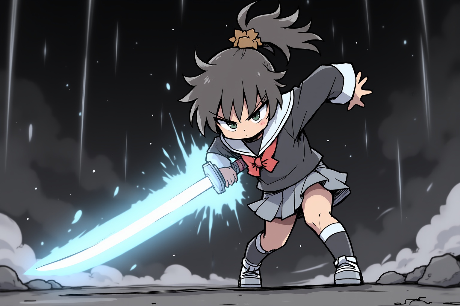 (masterpiece:1.2),(extremely detailed:1.2),(best quality:1.2),(high quality:1.2),(official art:1.2),jbh,Anime-style drawing,<lora:古风简笔画-autodl-11.26-7:1>,Anime-style digital drawing of a young girl with dark hair tied in a high ponytail with a brown scrunchie,wearing a black and white school uniform with a red ribbon,standing in a dynamic action pose with a large,glowing blue sword in her right hand. The background features a dark,stormy sky with rain falling and grey rocks scattered on the ground. The girl's expression is intense and focused,with sharp eyes and a determined look. The lighting is dramatic,with bright highlights on the sword and the girl's hair,contrasting with the dark and moody background. The camera angle is low and close to the ground,emphasizing the girl's powerful stance and the size of the sword. The overall style is reminiscent of Japanese manga and anime,with bold lines and vibrant colors.,