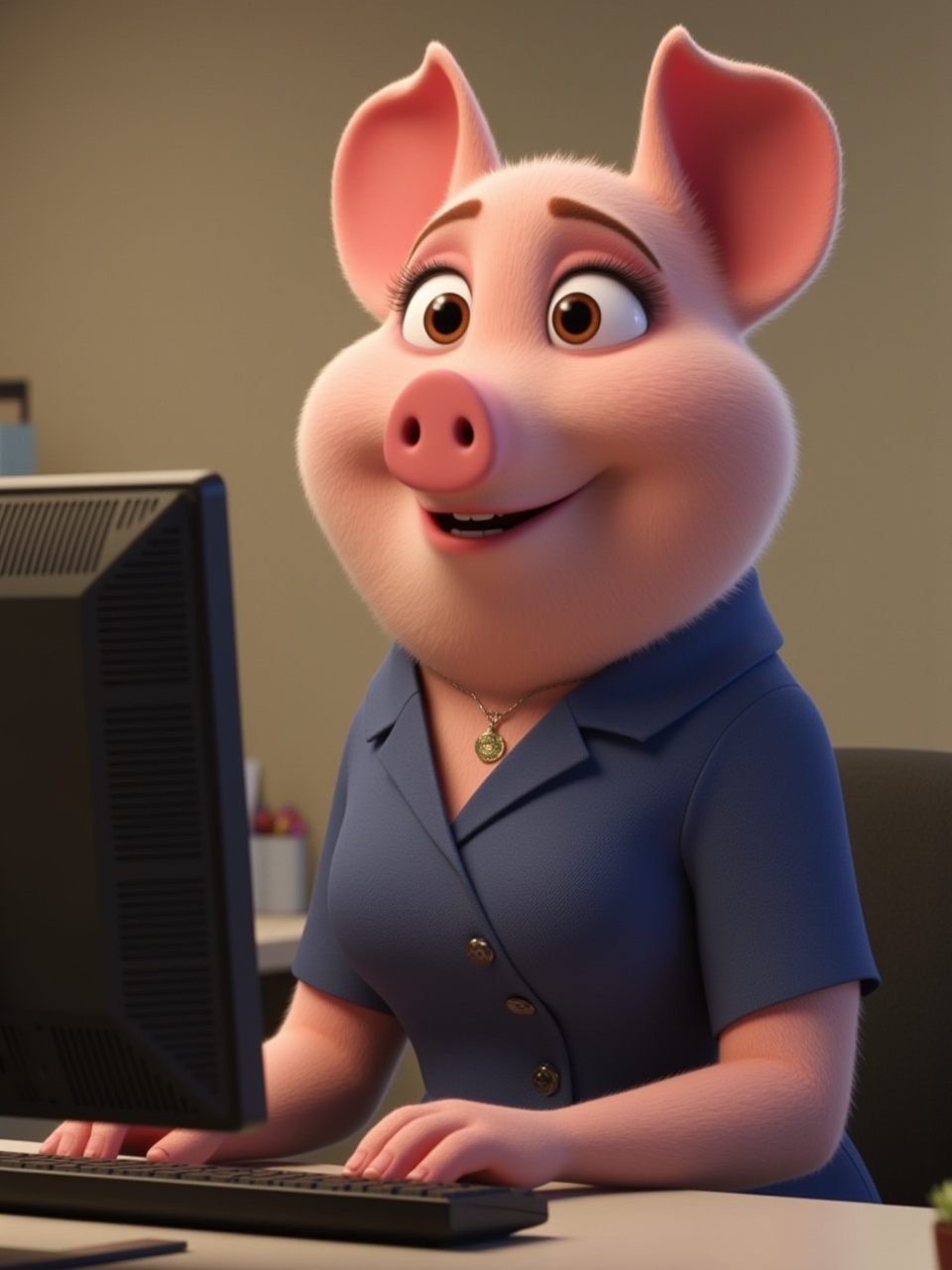 Pig female is wearing a professional dress in front of the computer in the office