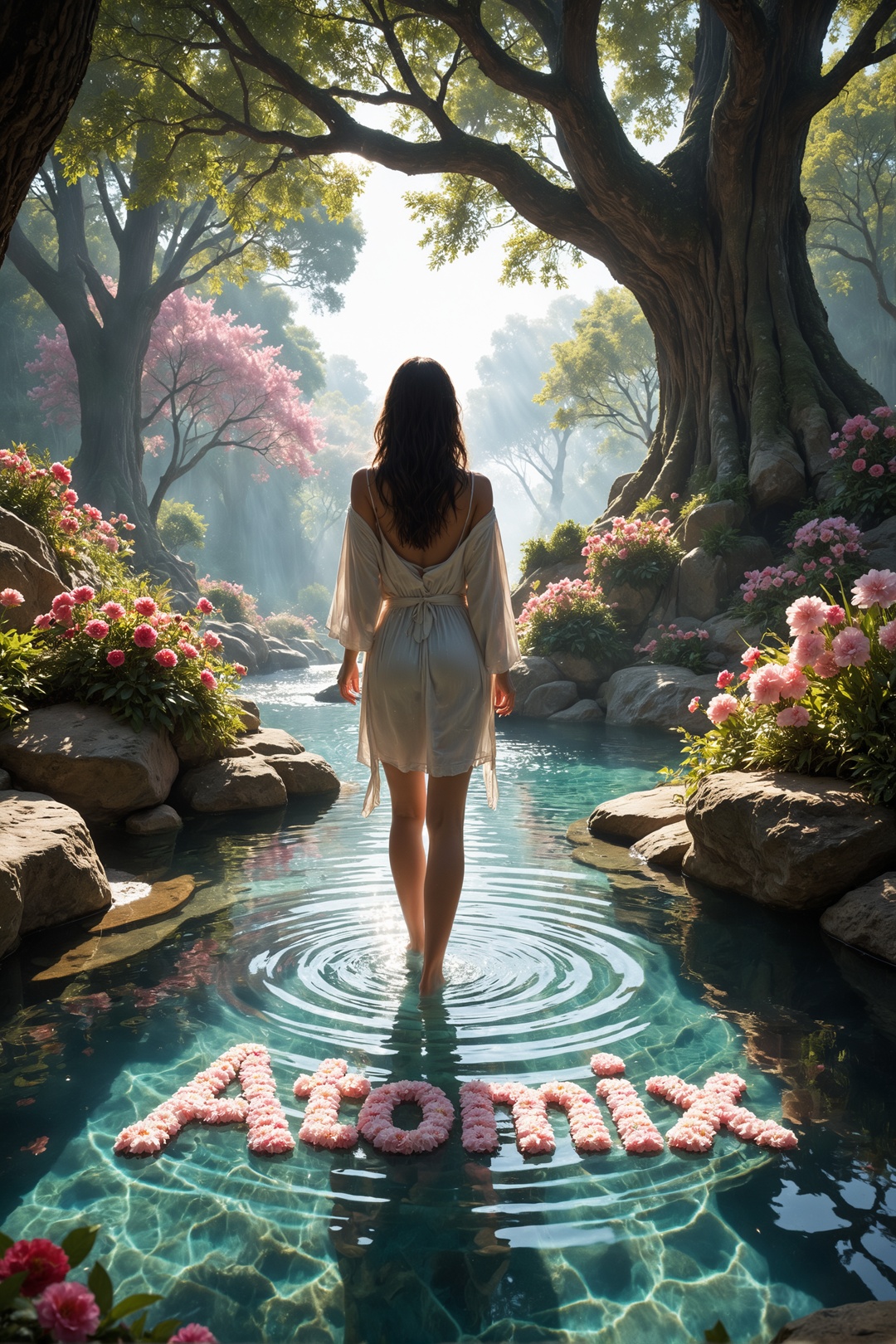 Highly detailed and realistic.a girl is seen from behind in a low-angle shot as she steps out of a crystal-clear pool in a...