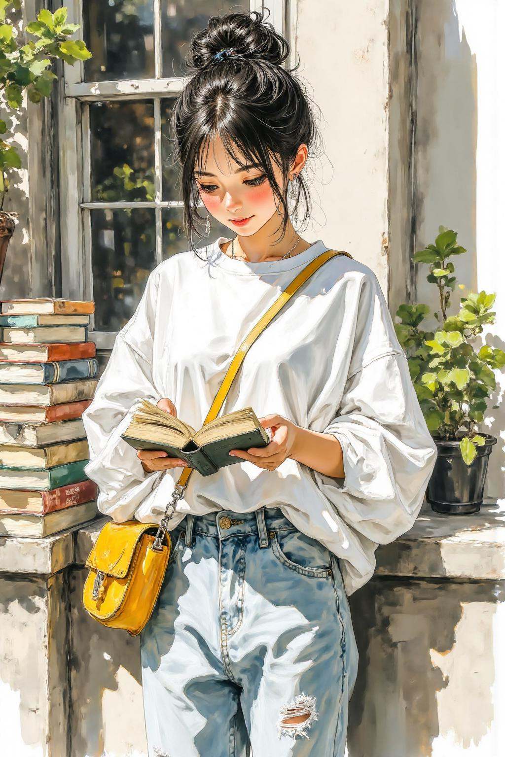 nijiwatercolor1q anime illustration.A young woman is standing outdoors,  engaged in reading a book. She is dressed casuall...