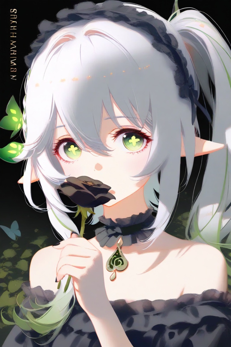 (nababa:0.7),(artist:ningen_mame:0.9),(artist:sho_(sho_lwlw):0.9),(artist:rhasta:0.9),(artist:wlop:0.7),(artist:ke-ta:0.6),year 2023,best quality,amazing quality,very aesthetic,absurdres,(fkey:0.3),(tiv:0.8),<lora:a31_style_koni:1>,nahida, 1girl, alternate_costume, bangs, bare_shoulders, black_dress, black_flower, black_nails, black_rose, bug, butterfly, character_name, choker, collarbone, colored_tips, cross-shaped_pupils, dress, explicit, flower, frilled_choker, frills, gem, general, gradient_hair, green_eyes, green_flower, green_gemstone, green_hair, grey_hair, hair_between_eyes, hair_ornament, hairband, holding, holding_flower, jewelry, lolita_fashion, lolita_hairband, long_hair, looking_at_viewer, multicolored_hair, nahida_(genshin_impact), nail_polish, pointy_ears, portrait, questionable, rose, sensitive, side_ponytail, sidelocks, solo, symbol-shaped_pupils, upper_body, white_background, white_hair,