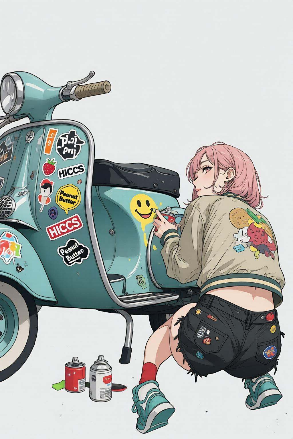 nijidigital3q anime illustration.Back view of a young woman with pink hair,  wearing a light-colored jacket with a large g...