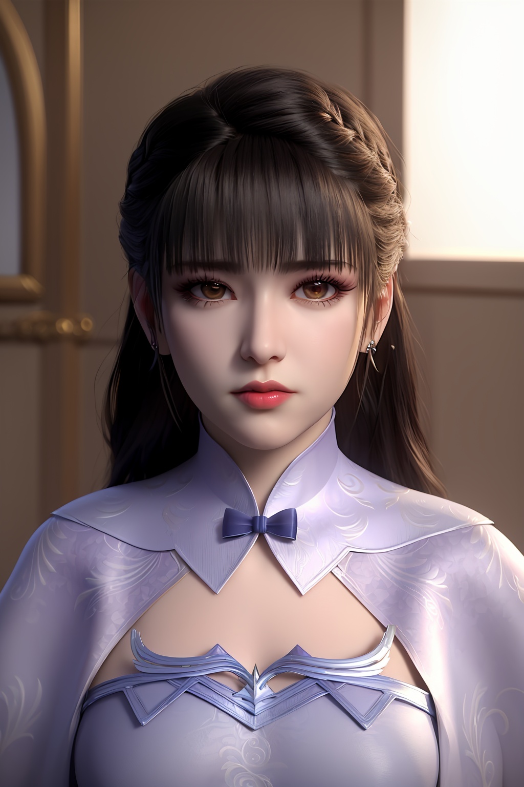 3D,masterpiece,(best quality),(makeup),official art, extremely detailed cg 8k wallpaper,((crystalstexture skin)), (extremely delicate and beautiful),(highly detailed),(face),(collar),(bracelet),(1girl), (solo), (jewelry), (earrings),(black_hair),(long_hair),(hair_ornament),(handwear),(breasts),(upper_body),(closed_mouth),(dress),(shawl),(shiny_clothes),(city,indoor),((looking_at_viewer)),((Facing the camera)),, <lora:hipoly3DModelLora_v10:0.3>