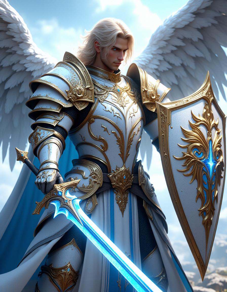 Cinematic realistic shot of a male paladin,  wearing white armor with blue and golden details,  in an attacking pose on Te...