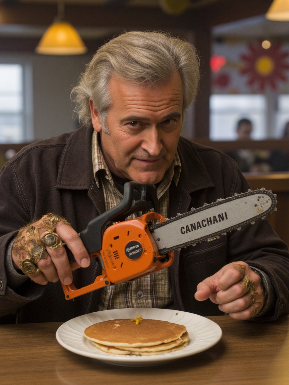 8ruc3c4mp83ll An elderly man in a diner,  dressed in familiar attire,  trying to eat pancakes with a chainsaw hand on Tens...